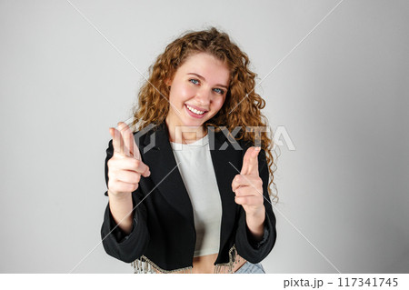 Woman in Black Jacket Pointing at You 117341745