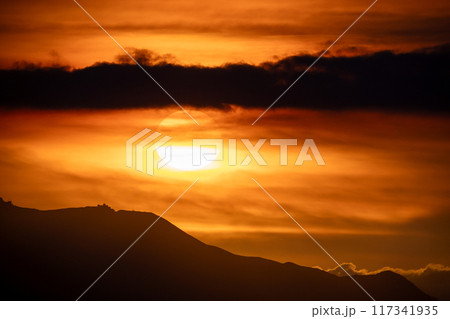 Golden Sunset Silhouettes at Caoshan Radar Station, Taiwan. 117341935