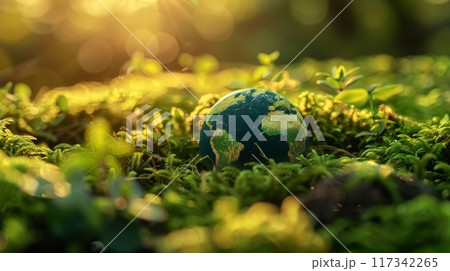 Earth Globe in a Lush Forest Setting Earth Globe in a Lush Forest Setting 117342265