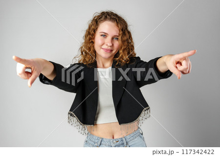 Woman in Black Jacket Pointing at You Woman in Black Jacket Pointing at You 117342422
