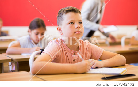 Schoolboy sitting in classroom during lesson in elementary school Schoolboy sitting in classroom during lesson in elementary school 117342472