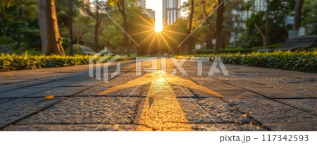 Pathway through Park Leading to City Skyline at Sunrise 117342593