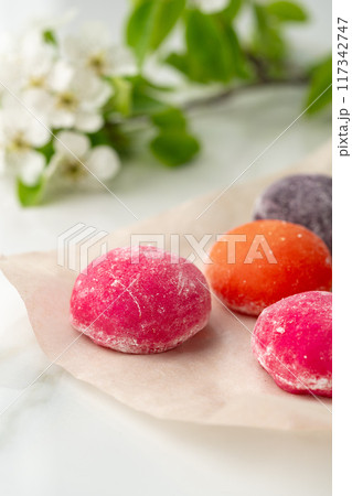 Multi-colored Japanese cakes Mochi in a white plate Multi-colored Japanese cakes Mochi in a white plate 117342747