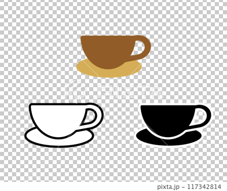 ソーサー付きコーヒーカップのシンプルなアイコンイラストセット ソーサー付きコーヒーカップのシンプルなアイコンイラストセット 117342814