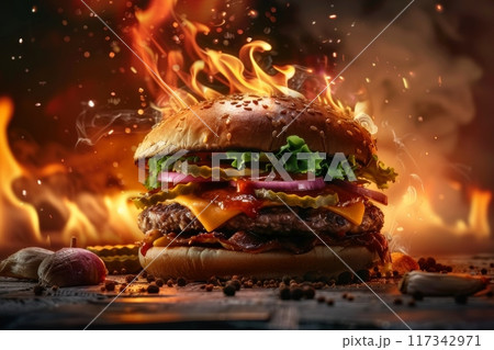 Ultimate Fiery Grilled Burger with Cheese and Bacon Ultimate Fiery Grilled Burger with Cheese and Bacon 117342971
