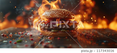 Fiery Cheeseburger with Bacon and Lettuce Fiery Cheeseburger with Bacon and Lettuce 117343016