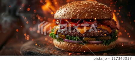 Fiery Cheeseburger with Bacon and Lettuce 117343017