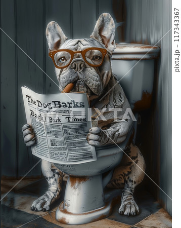 French Bulldog Reading Newspaper on Toilet Smoking Cigar French Bulldog Reading Newspaper on Toilet Smoking Cigar 117343367