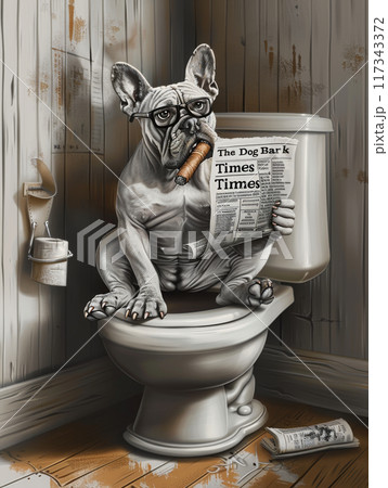 French Bulldog Reading Newspaper on Toilet Smoking Cigar French Bulldog Reading Newspaper on Toilet Smoking Cigar 117343372