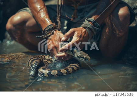 Man's Feet and Camouflaged Snake in Wet Environment Man's Feet and Camouflaged Snake in Wet Environment 117343539