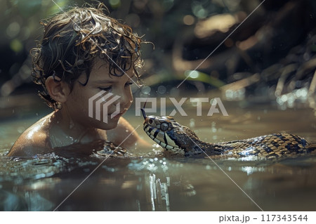 Man's Feet and Camouflaged Snake in Wet Environment Man's Feet and Camouflaged Snake in Wet Environment 117343544