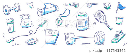 Sport gym sketch icon set. Hand drawn sketch doodle healthy sport, gym fit exercise equipment icon.Doodle hand drawn tennis ball, bottle, dumbbell fit equipment. Vector 117343561