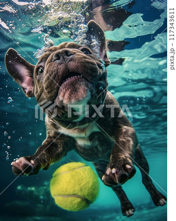 French Bulldog Swimming Underwater Chasing Tennis Ball French Bulldog Swimming Underwater Chasing Tennis Ball 117343611
