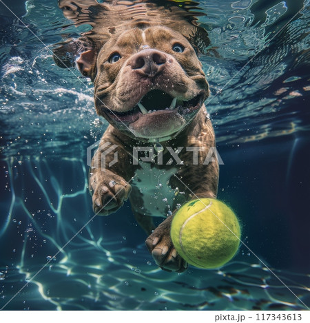 Pit Bull Dog Swimming Underwater Chasing Tennis Ball 117343613
