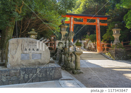 奈良公園　春日大社参道　二之鳥居と世界遺産の碑 117343847