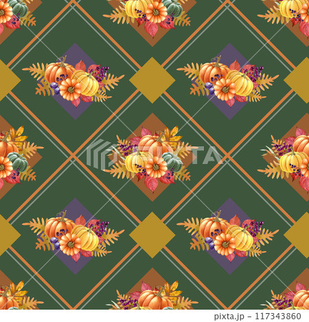 Autumn mood decor seamless pattern. Vintage style painted illustration. Autumn season floral elements, pumpkins, fallen leaves, fruit, geometric lines. Thanksgiving decor on dark green background 117343860