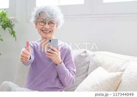 スマートフォンを持っているシニア女性	 117344049