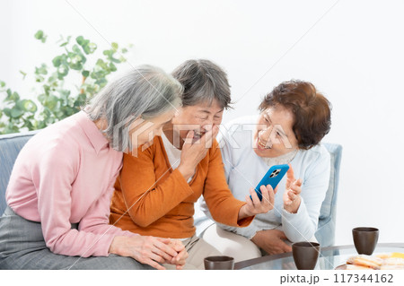 スマートフォンを操作するシニア女性 117344162