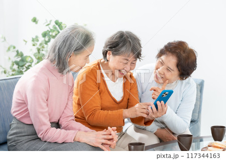 スマートフォンを操作するシニア女性 117344163
