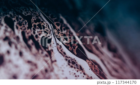 Defocused acid fluid. Ink foam. Blue color chemical bubbles texture liquid spill flow wave on dark black abstract art background. 117344170
