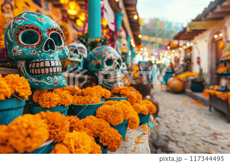 Vibrant Dia de los Muertos marketplace filled with colorful sugar skulls and marigolds, celebrating Mexican traditions 117344495