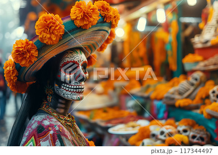 A colorful Dia de los Muertos celebration featuring a woman in traditional sugar skull makeup and a vibrant marigold-adorned sombrero 117344497