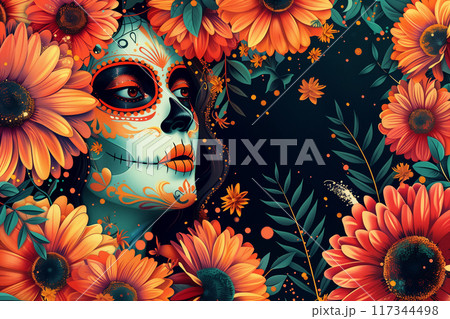 Vibrant Dia de los Muertos artwork featuring a painted skull with floral decorations, surrounded by colorful flowers 117344498