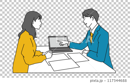 説明をするスーツの男性プランナーのシンプルイラスト 117344688