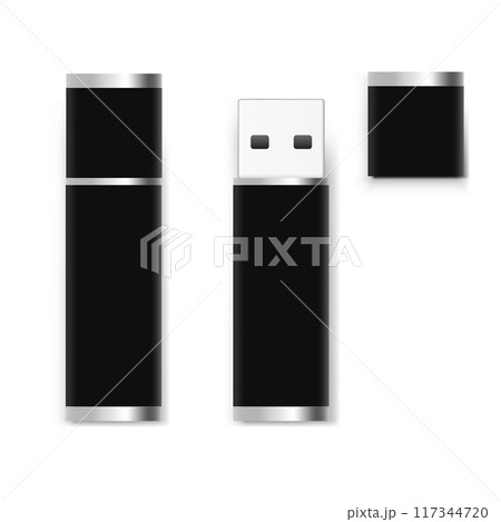 A black USB flash drive with a detachable cap and metallic accents. Vector 117344720
