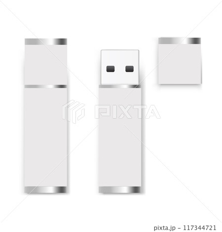 A white USB flash drive with a detachable cap and metallic accents. Vector 117344721