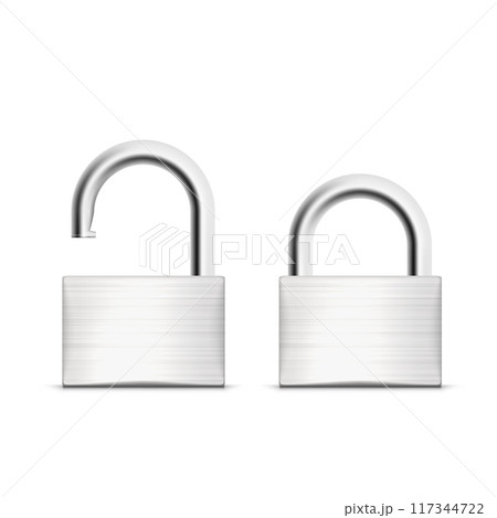 Two metallic padlocks, one locked and one unlocked. Vector 117344722