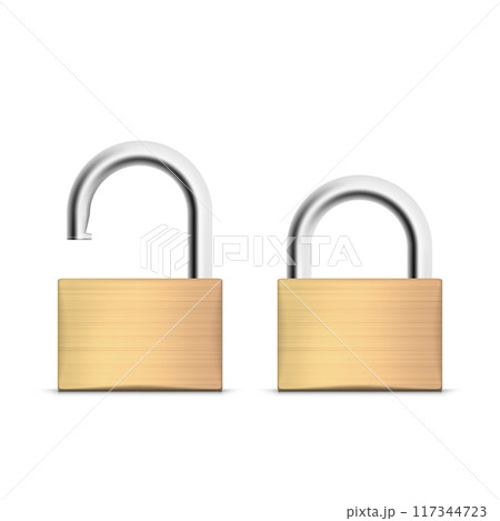 Two metallic padlocks, one locked and one unlocked. Vector 117344723