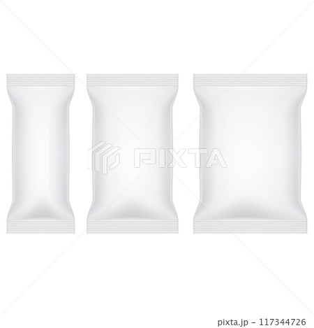 Three white packaging bags of different sizes. Vector 117344726