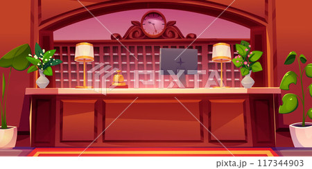 Hotel lobby interior with wooden reception counter 117344903