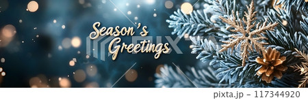 Elegant Holiday Banner with Gold and Silver Snowflakes and Classic Season's Greetings Message 117344920