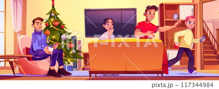 Teenagers in living room on Christmas eve 117344984