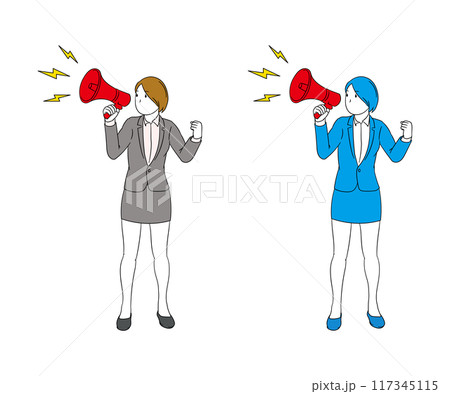 拡声器を持つビジネスパーソン（女性）イラスト素材 117345115