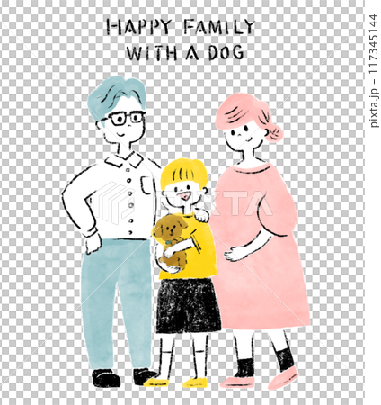 A happy family of three with a dog 117345144
