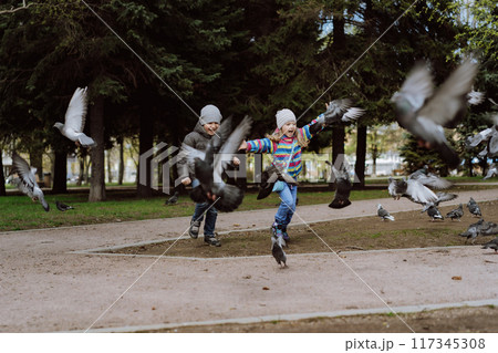 children running in park chasing pigeons. Happy carefree childhood concept.  117345308