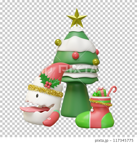 3d cute monster with christmas sock, tinsel, gift box, christmas tree, staff isolated. merry christmas and happy new year, 3d render illustration 117345775