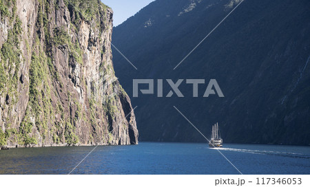 Tourist sightseeing boat sailing through fjord with steep rocky wall, Fiordland, New Zealand 117346053