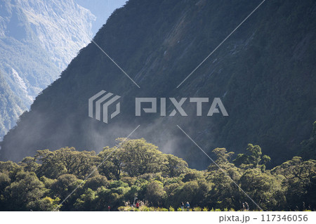 Tourists walking trough wet rainforest with haze rising in background, Fiordland, New Zealand 117346056