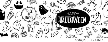 Halloween hand drawn banner abstract background. Cover halloween doodle style cute design. 117346148