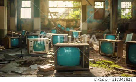 Old Televisions in Abandoned Room with Sunlight Streaming In 117346625
