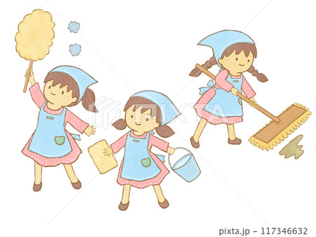 掃除をする子供たちのイラスト(輪郭しっかり) 117346632