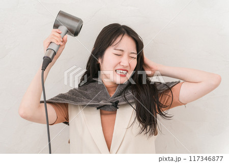 ヘアドライヤーでヘアブロー・髪の毛を乾かす女性(ヘアケア) ヘアドライヤーでヘアブロー・髪の毛を乾かす女性(ヘアケア) 117346877
