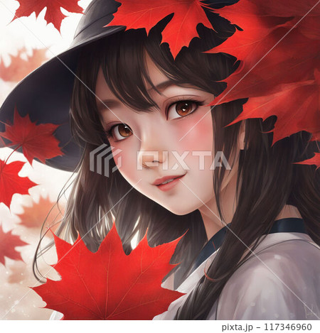 紅葉と帽子を被った若い女性のイラスト 117346960