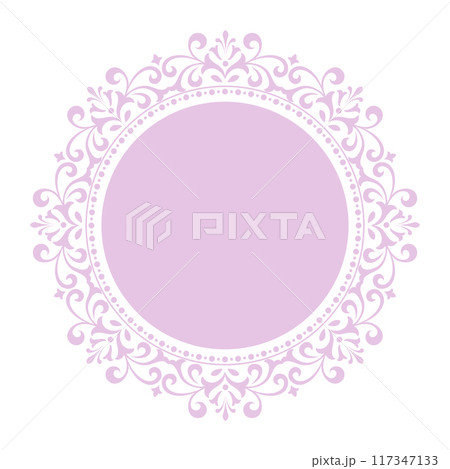 Decorative frame Elegant vector element for design in Eastern style, place for text. Floral pink and white border. Lace illustration for invitations and greeting cards 117347133
