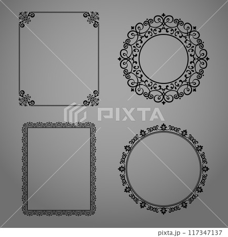Set of decorative frames Elegant vector element for design in Eastern style, place for text. Floral black and gray borders. Lace illustration for invitations and greeting cards Set of decorative frames Elegant vector element for design in Eastern style, place for text. Floral black and gray borders. Lace illustration for invitations and greeting cards 117347137