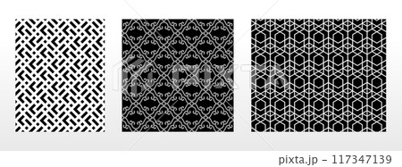 Geometric set of seamless black and white patterns. Simple vector graphics. 117347139